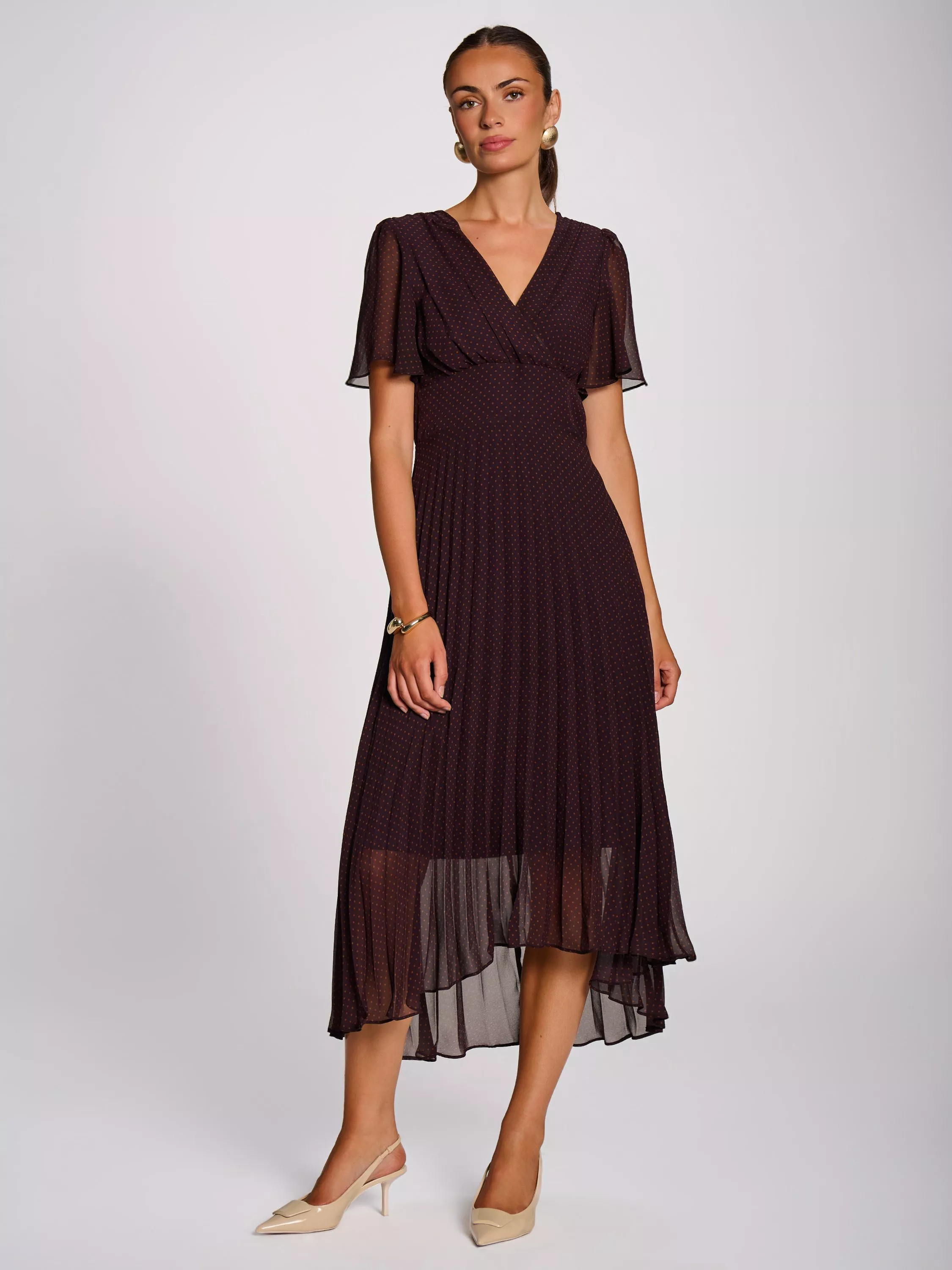 Jolie Moi Polka Dot Pleated High Low Hem Dress, Dark Brown | John Lewis (UK)
