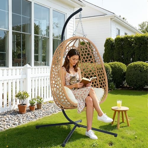 EortheX Hanging Egg Chair with Cushions – Comfortable Rattan Swing Chair with Stand for Patio, Garden, or Balcony – Stylish and Relaxing Outdoor Lounge Chair, 350LBS Capacity Indoor Outdoor (Beige) | Amazon (US)