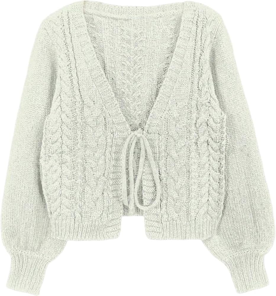 Women's Solid Long Sleeve Tie Front Sweater Cardigans, Casual Comfort V Neck Bishop Sleeve Croche... | Amazon (US)