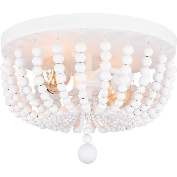 Alice House 14.1" Flush Mount Ceiling Light, 2 Lights Wood Beaded Chandelier, White Farmhouse Cei... | Walmart (US)