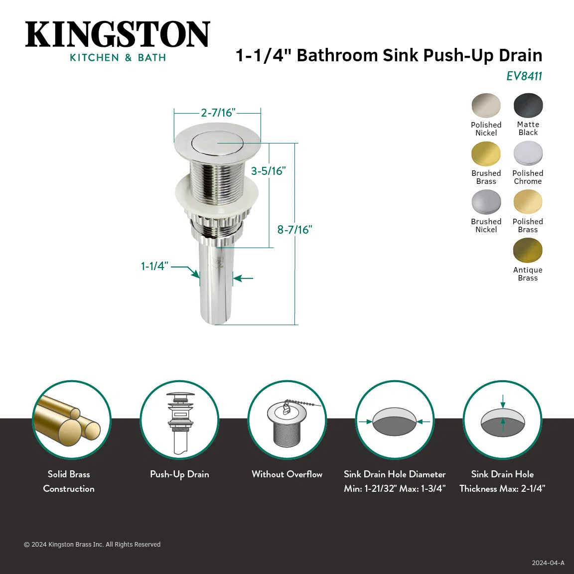 Kingston Brass Coronet Brass Push Pop-Up Bathroom Sink Drain EV8413 | Wayfair North America