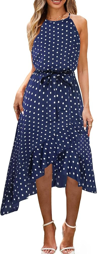 ECOWISH Polka Dot Women Summer Dresses Casual Midi A Line Ruffle High Low Sleeveless Boho Floral ... | Amazon (US)