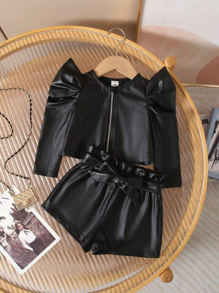 2pcs Baby Girl Fashion Street Black PU Leather Gigot Sleeve Jacket And Shorts Set, Autumn Winter | SHEIN