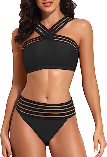 Hilor Women's Two Piece Bathing Suits Front Crossover Swimsuits Sexy Stripe Hollow High Waisted B... | Amazon (US)