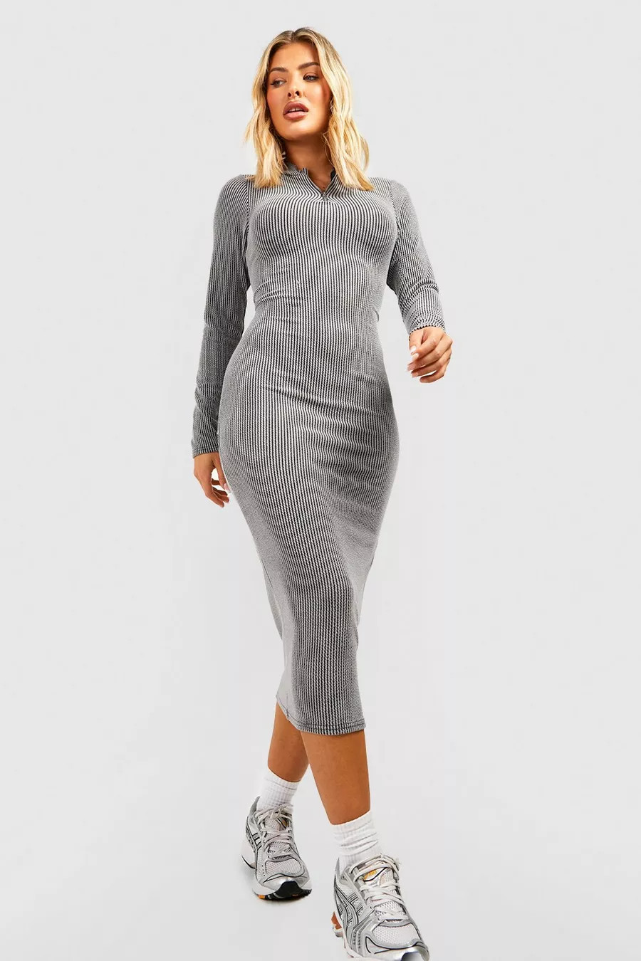 Two Tone Rib Half Zip Midi Dress | Boohoo.com (US & CA)