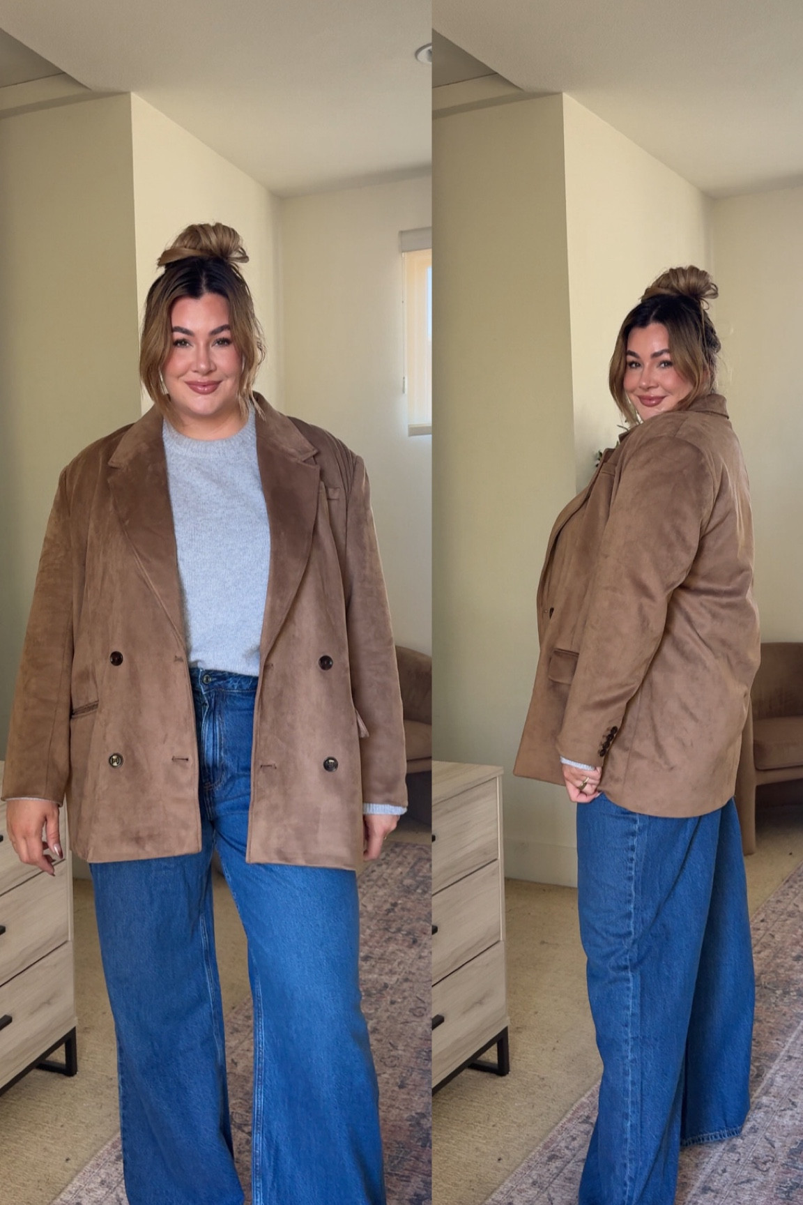 wearing a size xl in the sweater and suede jacket! wearing a 34 long in the jeans 🤭🤍

#LTKMidsize #LTKStyleTip #LTKFallSale