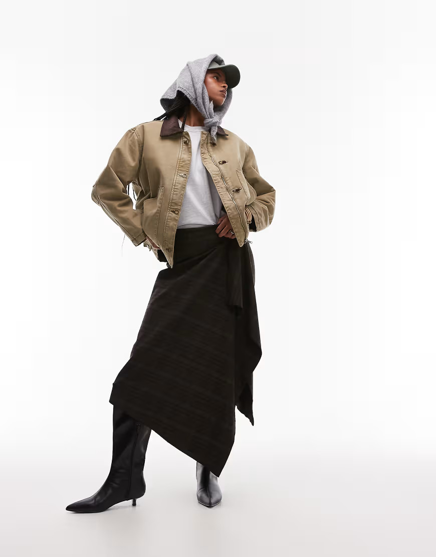 Mango wax contrast collar jacket in khaki-Green | ASOS (Global)