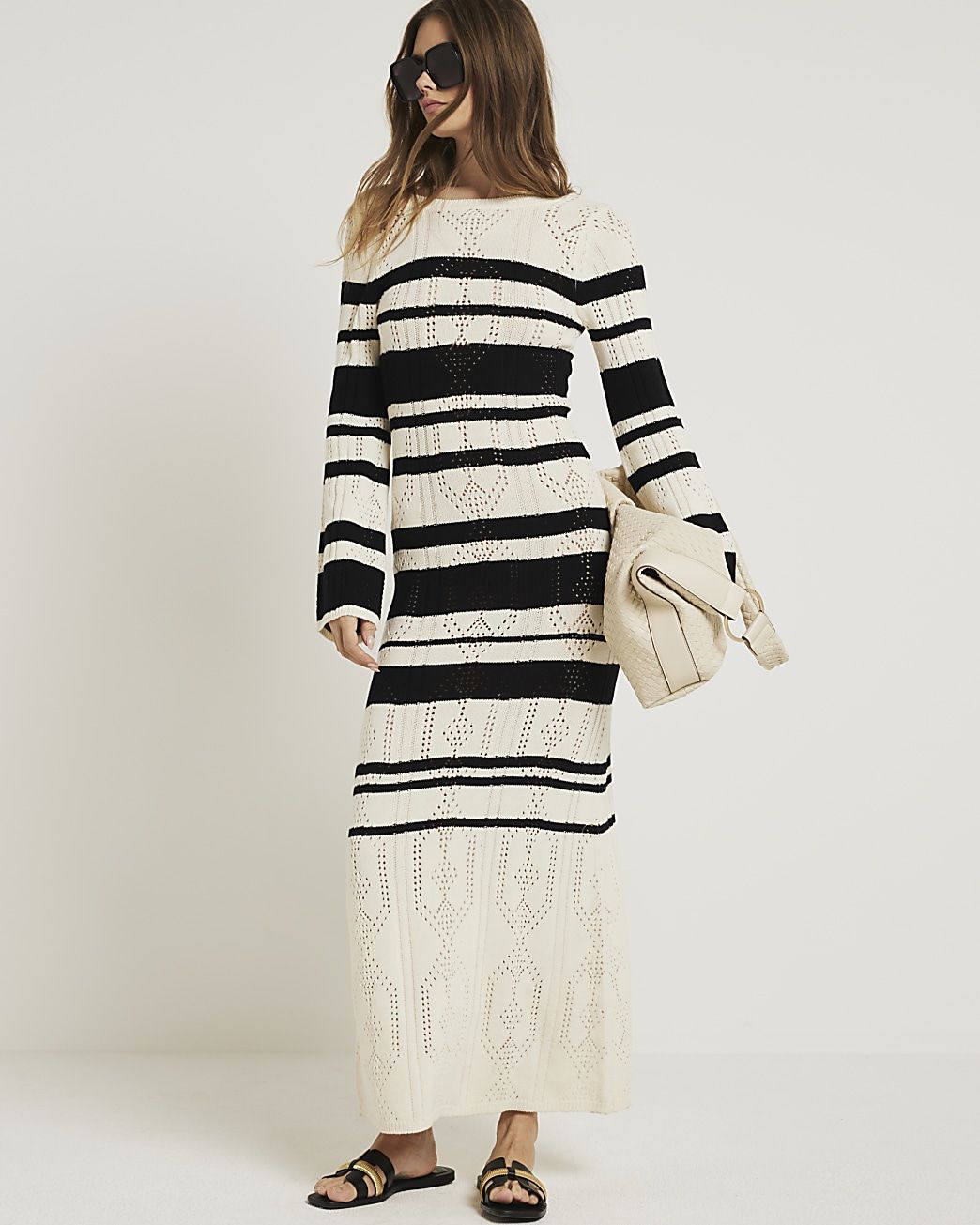Cream knit stripe bodycon maxi dress | River Island (UK & IE)