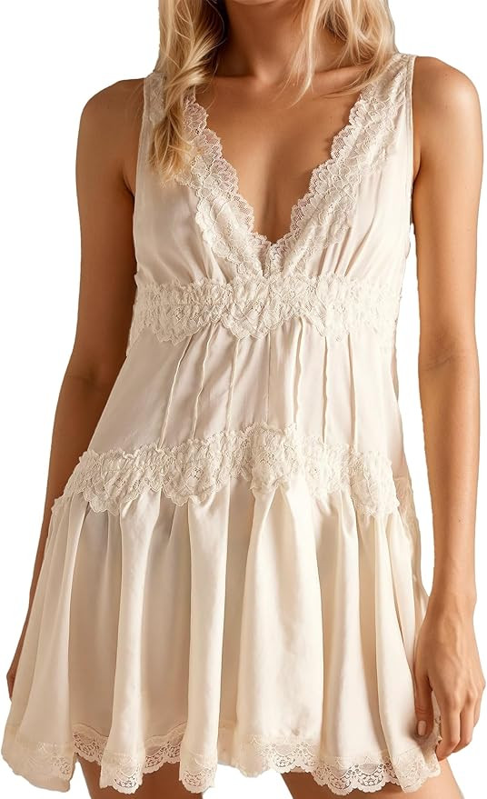 Womens Lace Mini Dress Slip Dress V-Neck Summer Y2k Ruffle Hem Flowy Swing Boho Short Dresses | Amazon (US)