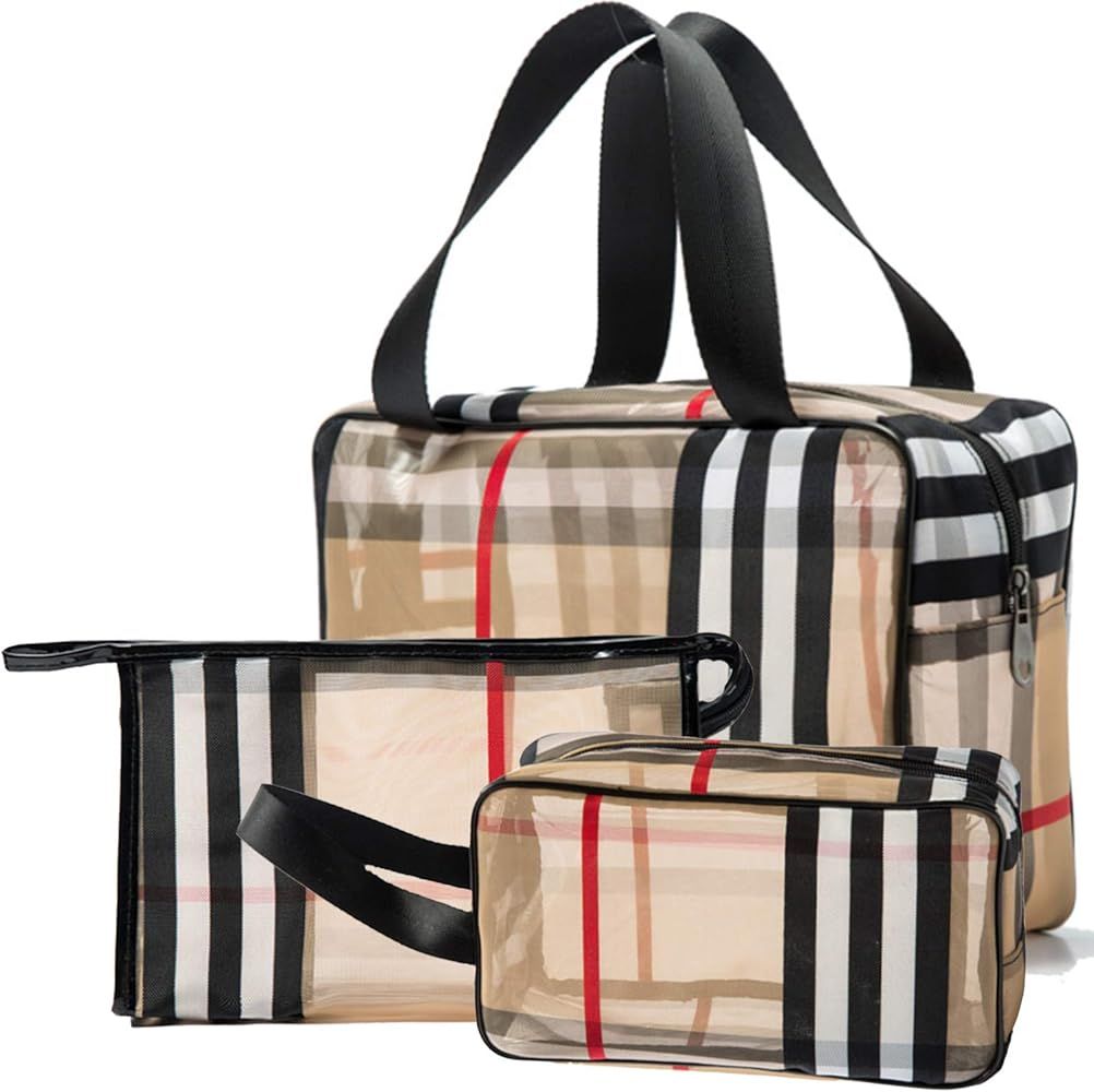 GOLIKEE 3PCS PVC Stripe Cosmetic Bag Makeup Bag Gift for Women Waterproof Zipper Multifunctional ... | Amazon (US)