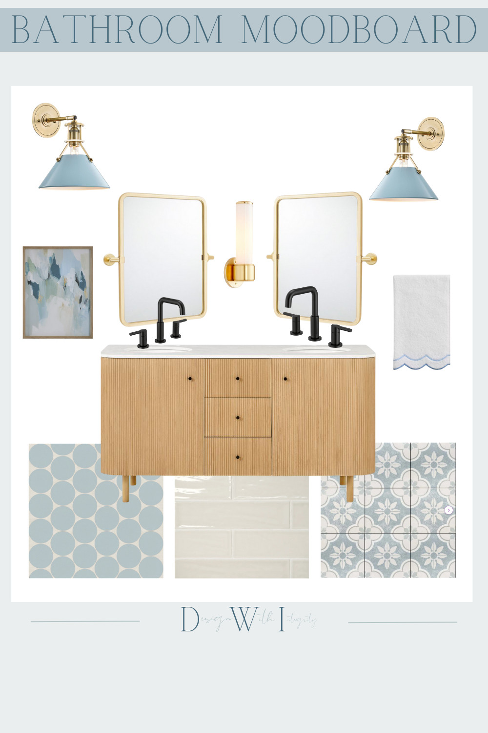 Light & Playful Bathroom Mood Board | Soft Blue Accents + Reeded Wood Vanity

This bathroom mood board combines timeless finishes with playful touches for a space that feels fresh, bright, and full of personality. A reeded wood vanity anchors the design with texture and warmth, while matte black faucets bring a bold contrast to the soft tones. Sky blue sconces, a scalloped hand towel, and a trio of classic tile options—including oversized penny rounds, glossy cream subway, and encaustic-look floral cement tiles—bring charm and whimsy. Framed artwork and modern gold mirrors add polish, completing the perfect balance between fun and functional.

Pin this look or shop it now on LTK for your next bathroom refresh!


#BathroomMoodBoard #BathroomRemodel #ReededVanity #SoftBlueBathroom #BathroomInspo #LTKHome #BathroomDesign #CoastalBathroomStyle #ModernClassicDesign #EncausticTile #BathroomTrends #InteriorMoodBoard #PowderRoomGoals #BlackFaucetStyle #WarmWoodTones #StatementLighting #LightAndBrightSpaces #TileDesignInspo #DesignWithIntegrity #BathroomStyle 

 #LTKHome