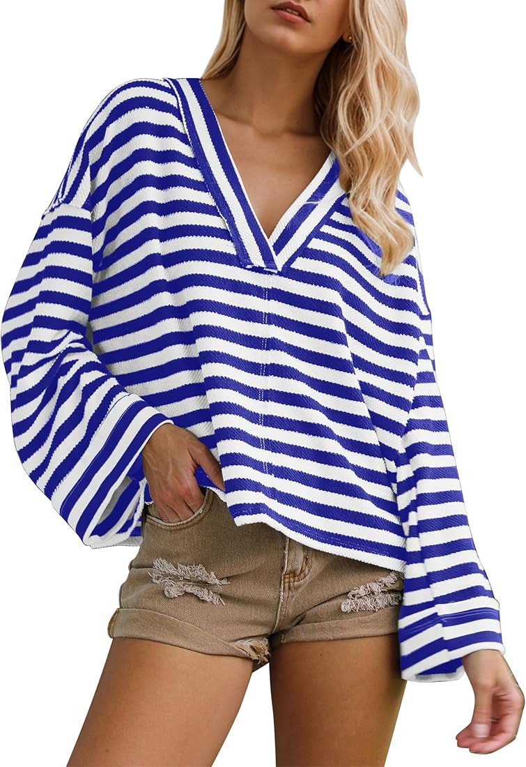 Women Vintage Striped Oversized Sweatshirts Casual Loose V Neck Long Sleeve Pullover Tops Fall Co... | Amazon (US)