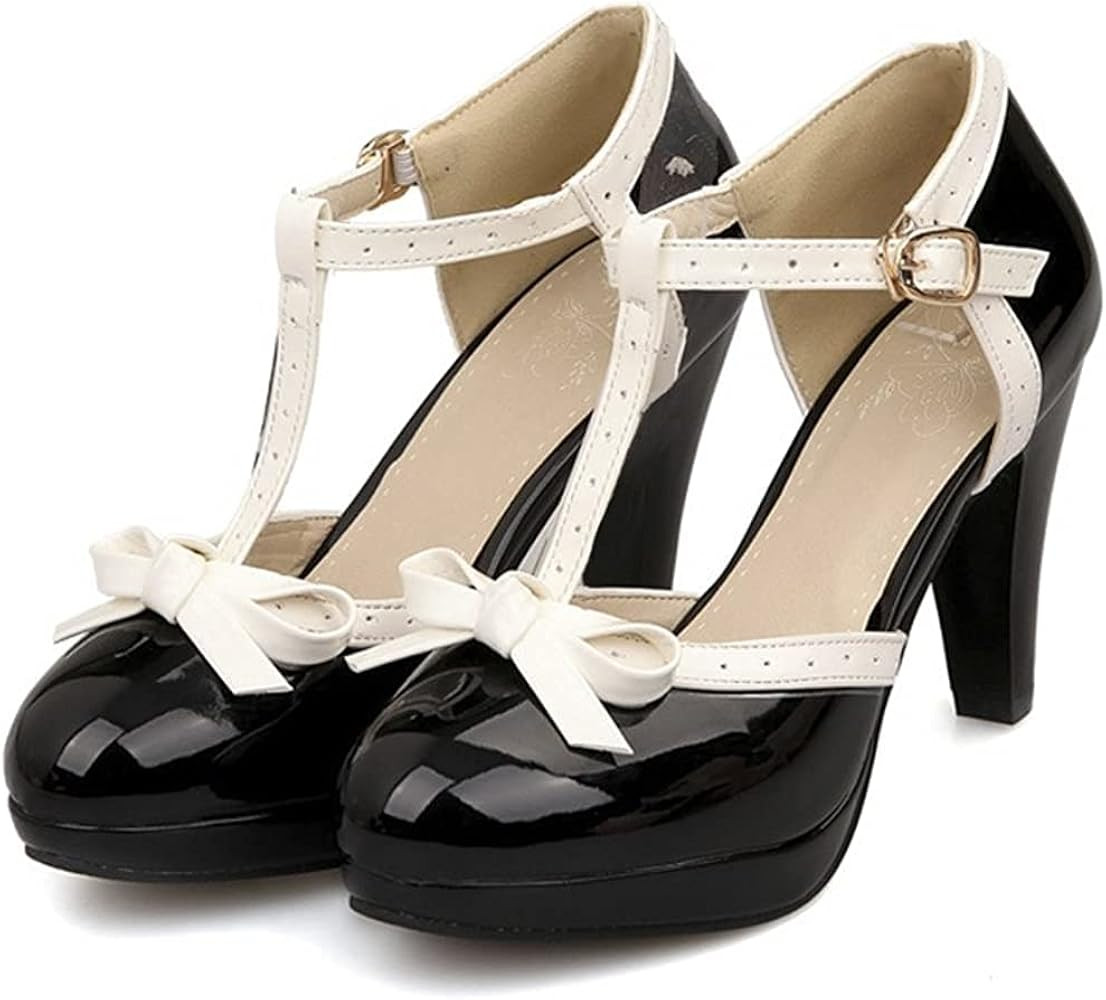 ForeMode Fashion Women T-Strap High Heels Bow Platform Round Toe Pumps Leather Summer Sweet Shoes | Amazon (US)