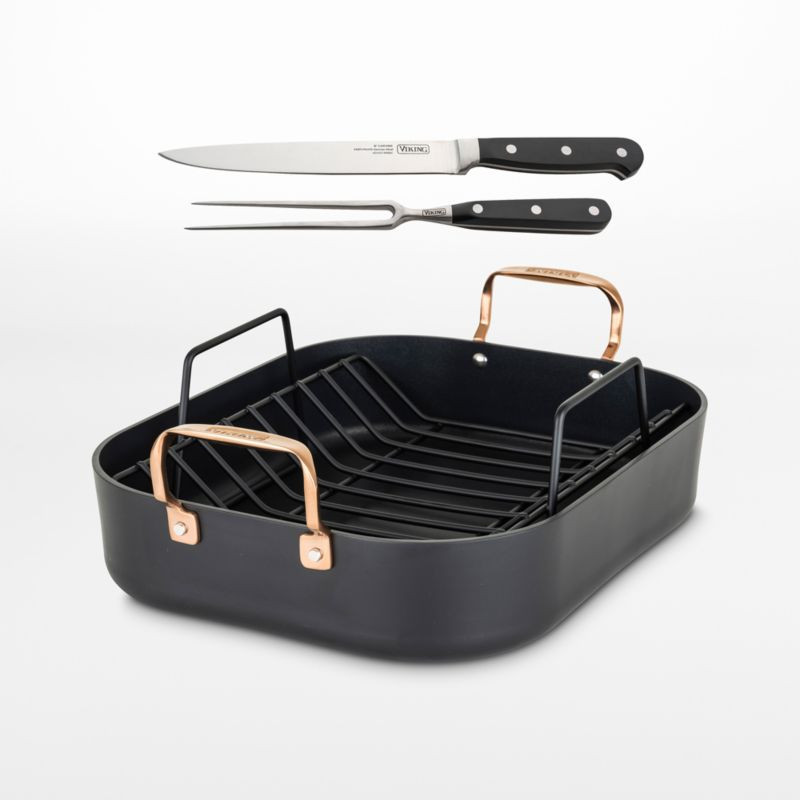 Viking Hard-Anodized Non-Stick Roaster with Copper Handles, Rack and Carving Set + Reviews | Crat... | Crate & Barrel