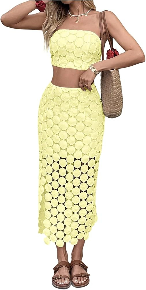 SHENHE Women's Summer Vacation Outfits 2 Piece Tie Back Crop Tube Top Hollow Out Maxi Skirt Set | Amazon (US)