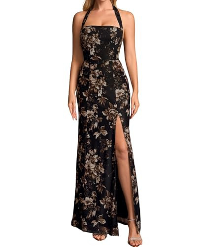 XinFSh Women's Halter Wedding Guest Maxi Dress Floral Mesh Bodycon High Slit Long Formal Cocktail Party Dresses 2026 | Amazon (US)