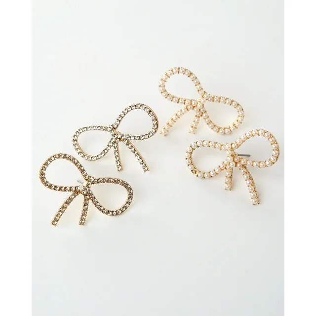 Set of Two Bow Pearl and Crystal Stone Earrings | Walmart (US)