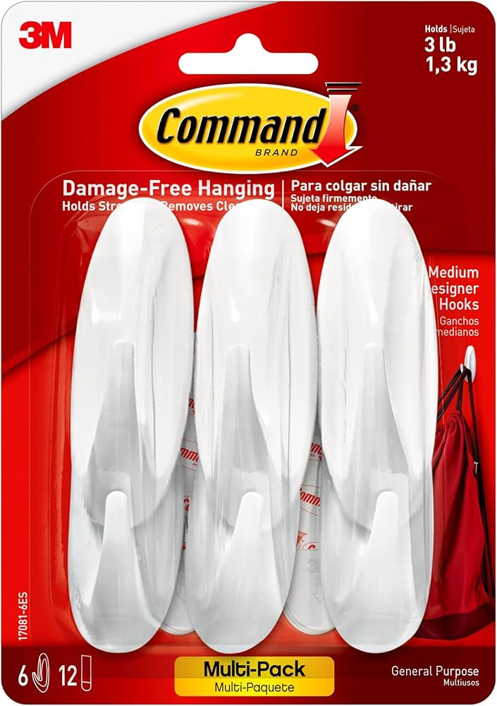 Command Medium Designer Hooks, Holdes up to 3 lb, 6 Wall Hooks with 12 Command Strips, White, Dam... | Amazon (US)