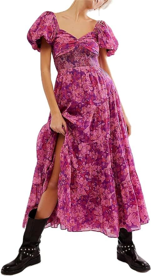Women Casual Summer Dress Short Sleeve Floral Printing Bohemian Dress Loose Boho Dress Maxi Dress... | Amazon (US)