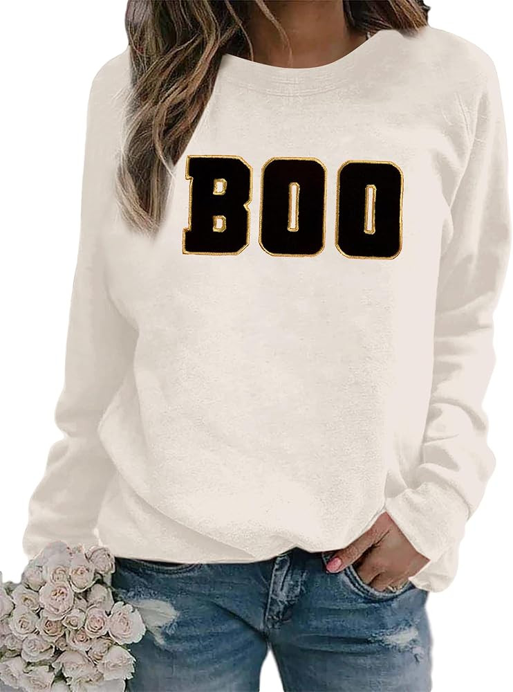 MYHALF Halloween Sweatshirt Women Boo Embroidered Sweater Cute Spooky Season Sweatshirt Fall Wint... | Amazon (US)