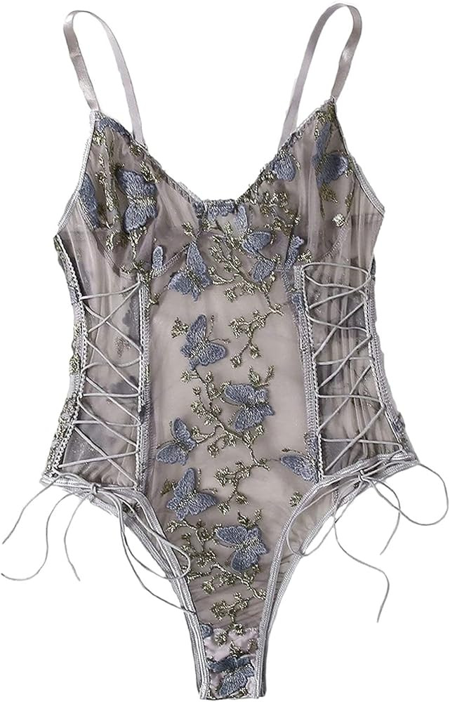 Lilosy Women Sexy Lace Up Floral Embroidered Teddy Lingerie Bodysuit Top Mesh Sheer One Piece | Amazon (US)
