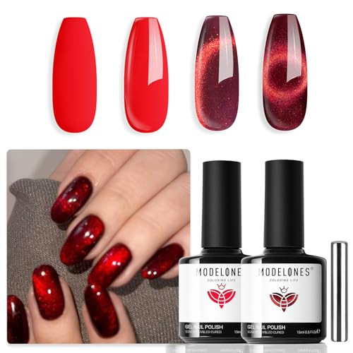 modelones Red Gel Nail Polish Set 2 Colors Red Glitter Cat Eye Gel Polish Fall Winter Colors Shimmer Burgundy Red Gel Polish Soak Off LED Nail Art Gel Nail Kit Manicure Salon DIY Nails Gift For Women | Amazon (US)
