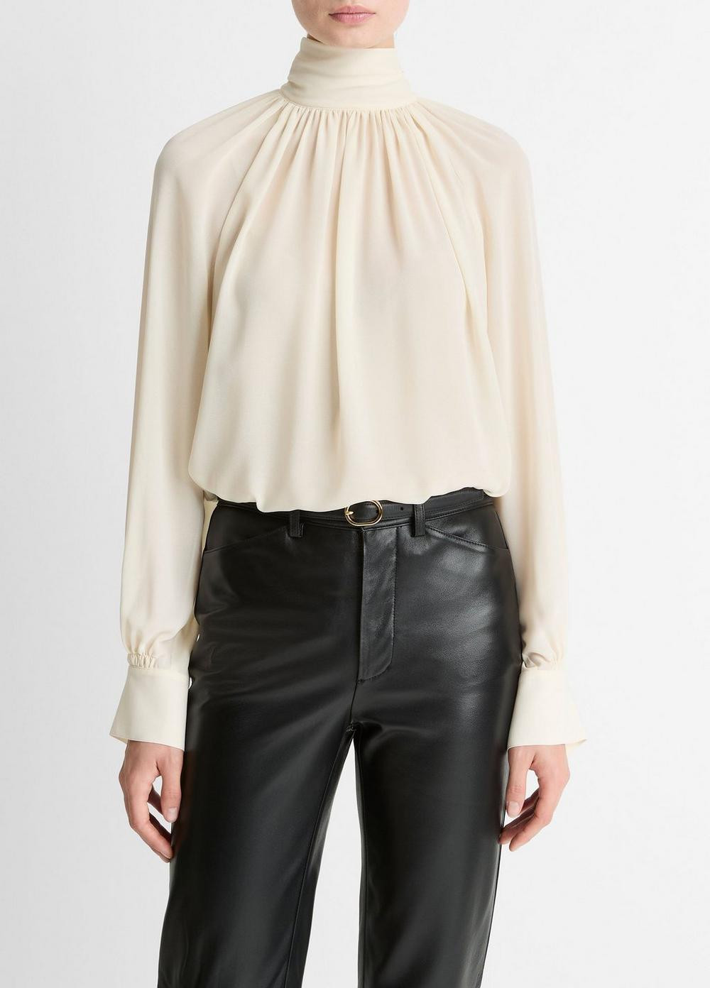 Women's Gathered Draped-Neck Crepe Blouse, Cream, Size XXS Vince | Vince LLC