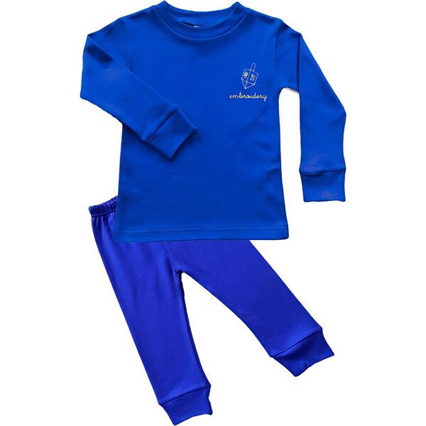Little Kid Hanukkah Dreidel Embroidery Pajama Set, Blue | Maisonette