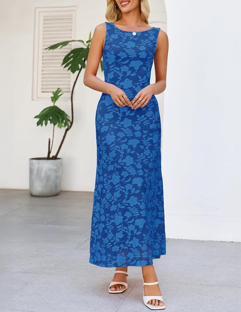 MEROKEETY Womens 2026 Summer Floral Maxi Dress Sleeveless Tie Waist Elegant Formal Bodycon Weddin... | Amazon (US)
