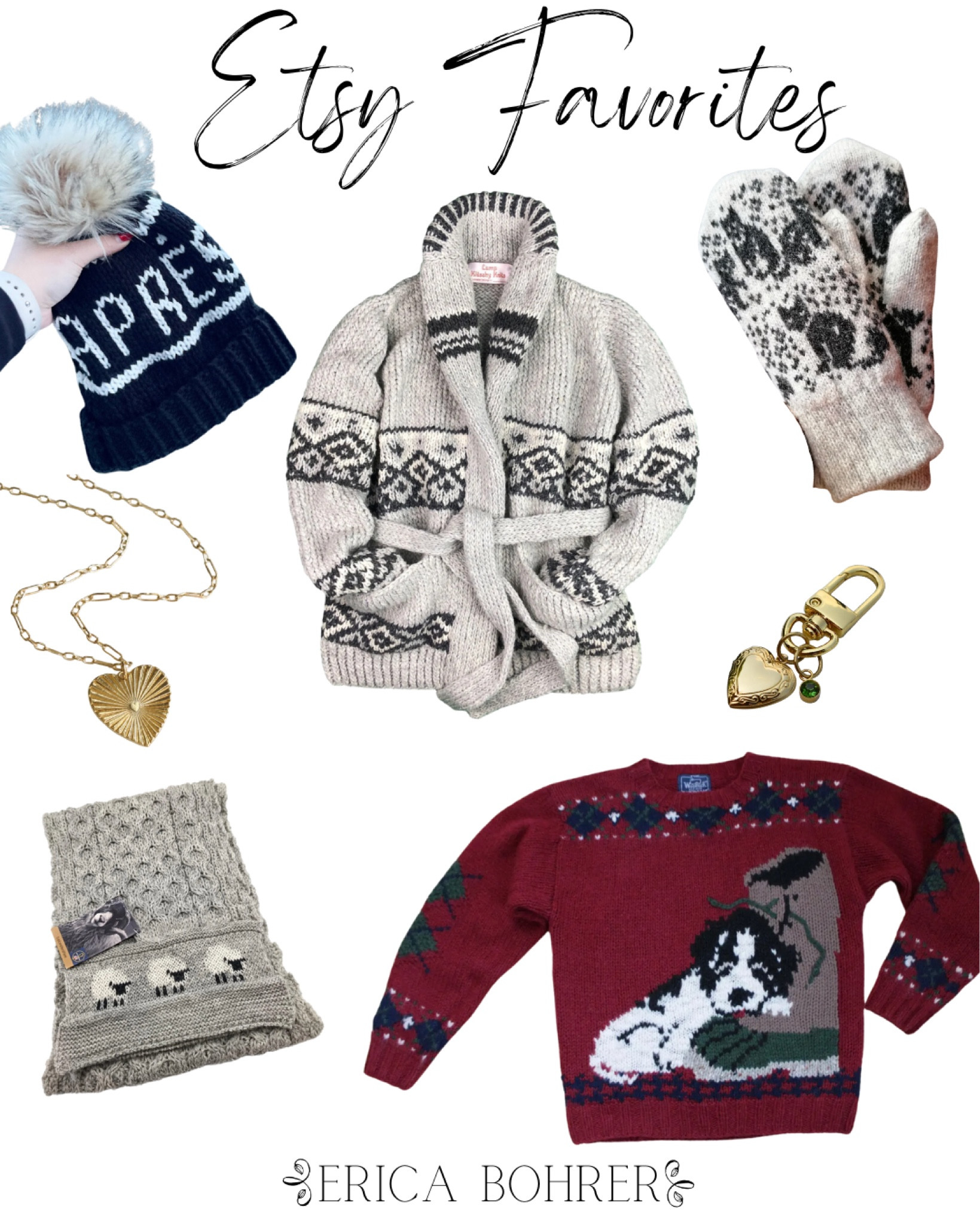 Etsy favorites.  The apres hat is a great handmade dupe for a more expensive version.  I have my eye on the Marlin Monroe Style sweater and the dog sweater.

#LTKSeasonal