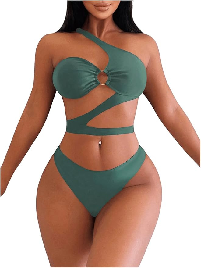 MakeMeChic Women's 2 Piece Bathing Suits Cut Out Ring Linked One Shoulder Bikini Sets Swimsuits | Amazon (US)