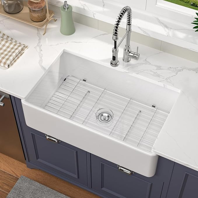Farmhouse Sink 33 Inch White Farmhouse Kitchen Sink Reversible Fireclay Porcelain Apron Front Sin... | Amazon (US)