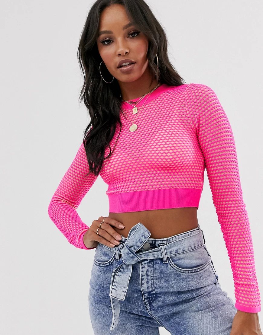 ASOS DESIGN fluro mesh pattern crop sweater-Pink | ASOS (Global)
