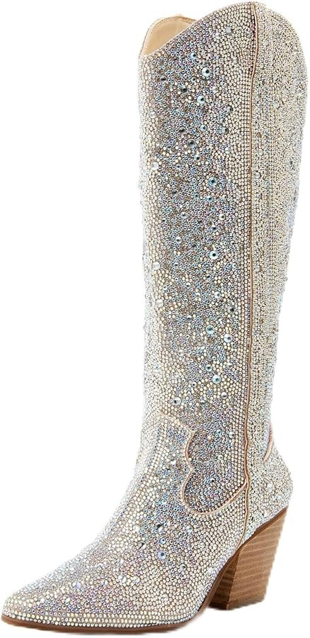 Rhinestone Boots for Women, Knee High Cowboy Boots Pointed Toe Chunky Heel Sparkly Cowgirl Boots ... | Amazon (US)