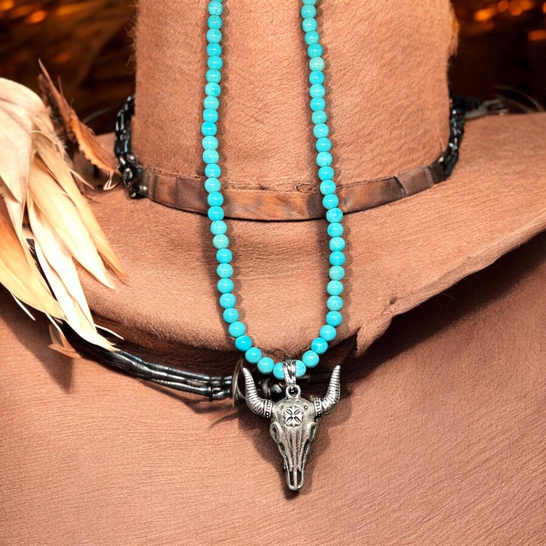 Cow Skull Necklace, Longhorn Jewelry, Turquoise Beaded Necklace, Skull Necklace, Southwestern Jew... | Etsy (US)
