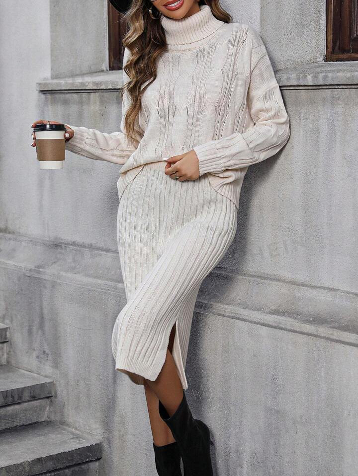 SHEIN Essnce Turtleneck Drop Shoulder Sweater & Split Hem Knit Skirt | SHEIN