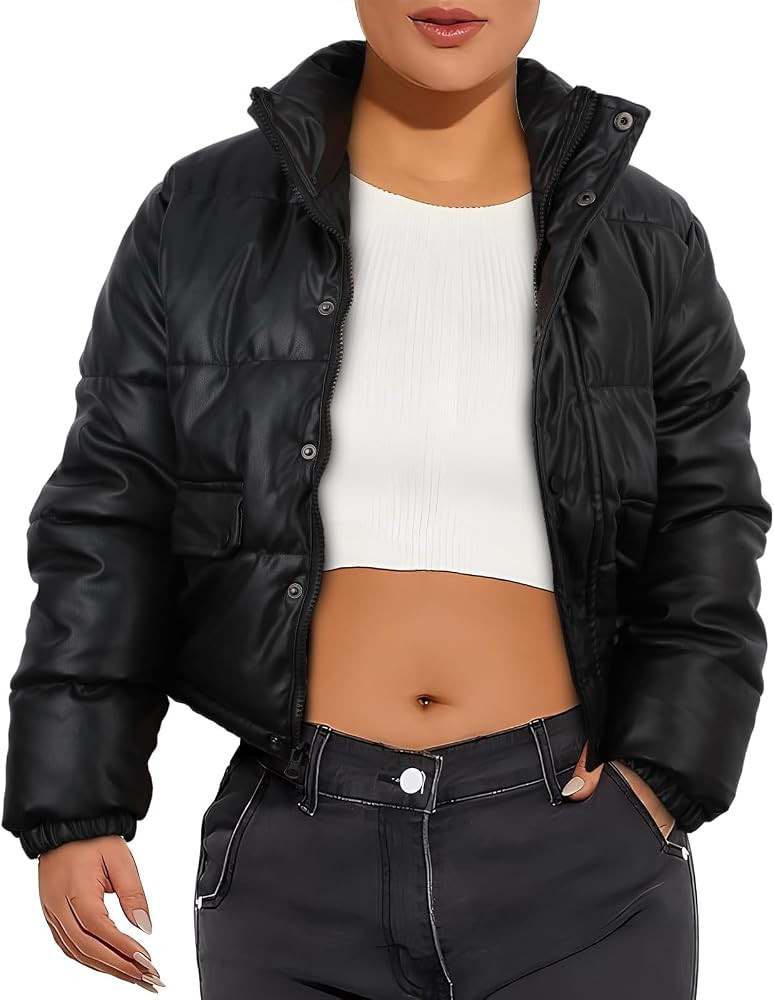 Women's Cropped Puffer Jacket Tight Short Winter Stand Collar Zip Up Warm Down Coats | Amazon (US)