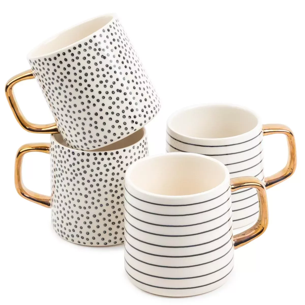 Thyme & Table Mugs Set of 4 Stoneware Black & White Medallion Geometric-New