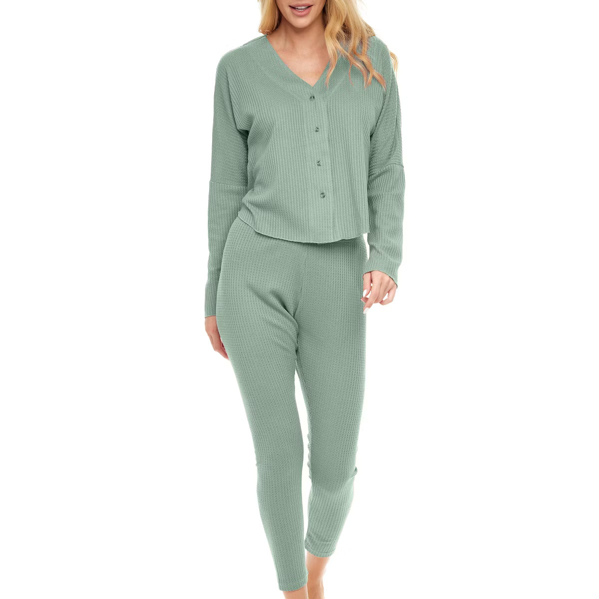 ADR Women's Pajamas Set, Soft Ribbed Knit Waffle Pajamas Lounge Set, Long Sleeve Drop Shoulder V-... | Target