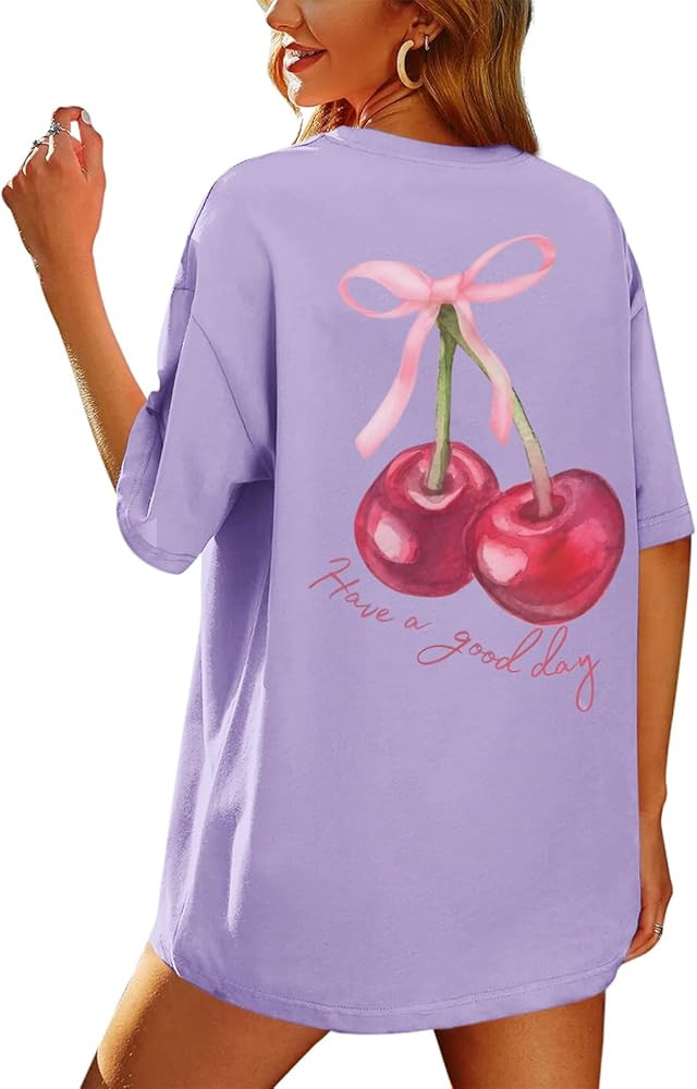 BINTEHGS Oversized Graphic Tees for Women Trendy Cherry Printed Shirt Cute Summer Aesthetic Cotto... | Amazon (US)