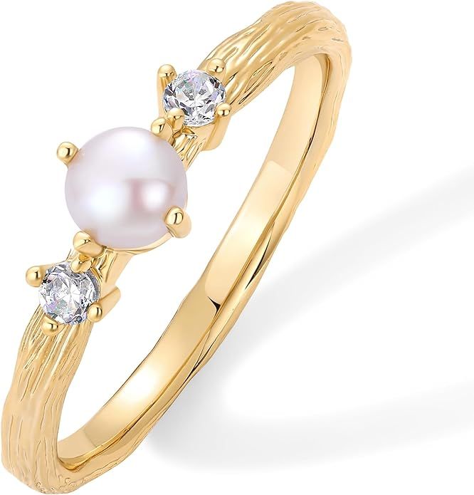 PAVOI 14K Gold Plated Pearl Hammered Ring for Women | Dainty Elegant Stackable Cubic Zirconia Thi... | Amazon (US)