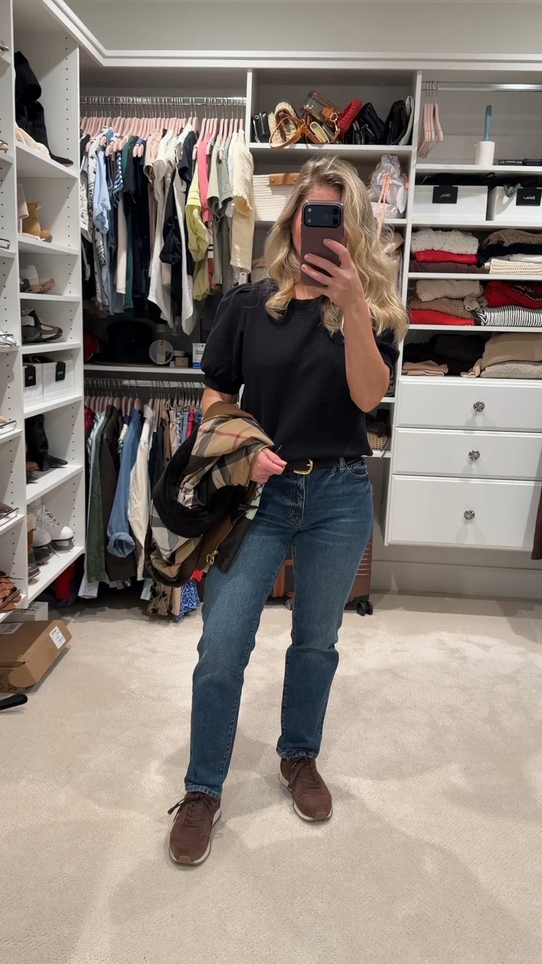 Putting in serious miles today with back to back client meetings, stone selections, and furniture sourcing. Rainy day uniform that still feels pulled together. Retro runners for comfort, my favorite Frame denim, an easy puff sleeve tee, and a suede belt to keep it polished. Cozy, practical, and still stylish. Exactly how I like to work. 🤎✨

#LTKPetite #LTKSeasonal #LTKootd