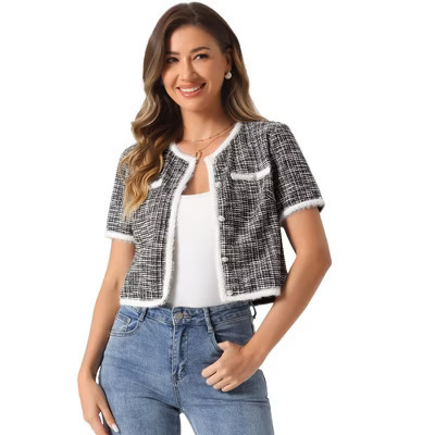 Allegra K Women's Tweed Knit Crew Neck Short Sleeve Cropped Casual Cardigan Jackets Black X-Small | Target