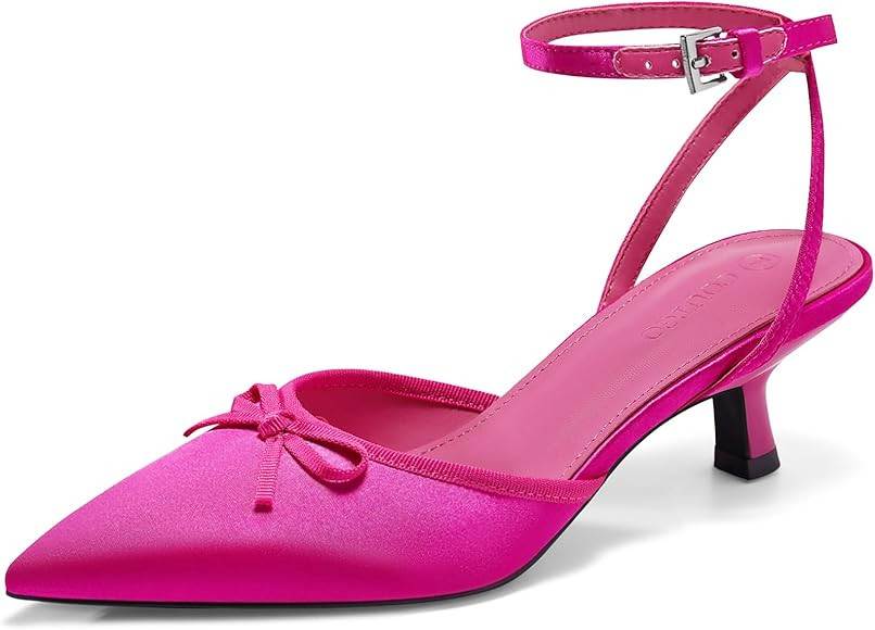 Coutgo Satin Kitten Low Heels with Bow Closed Pointed Toe Short Pumps Dress Wedding Party Shoes | Amazon (US)
