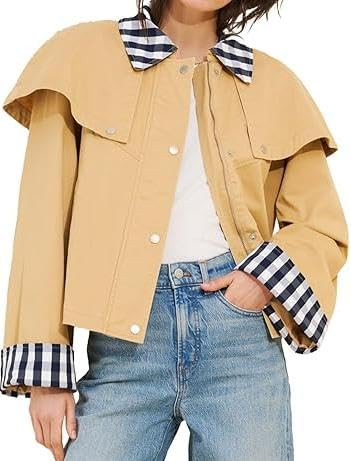 Women’s Gingham Trim Cape Jacket Lightweight Cotton Cropped Trench Coat with Snap Button and Co... | Amazon (US)