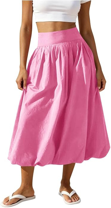Women's Bubble Long Skirt Elastic Waist A-Line Pleated Ruffle Flowy Balloon Maxi Skirts with Pock... | Amazon (US)