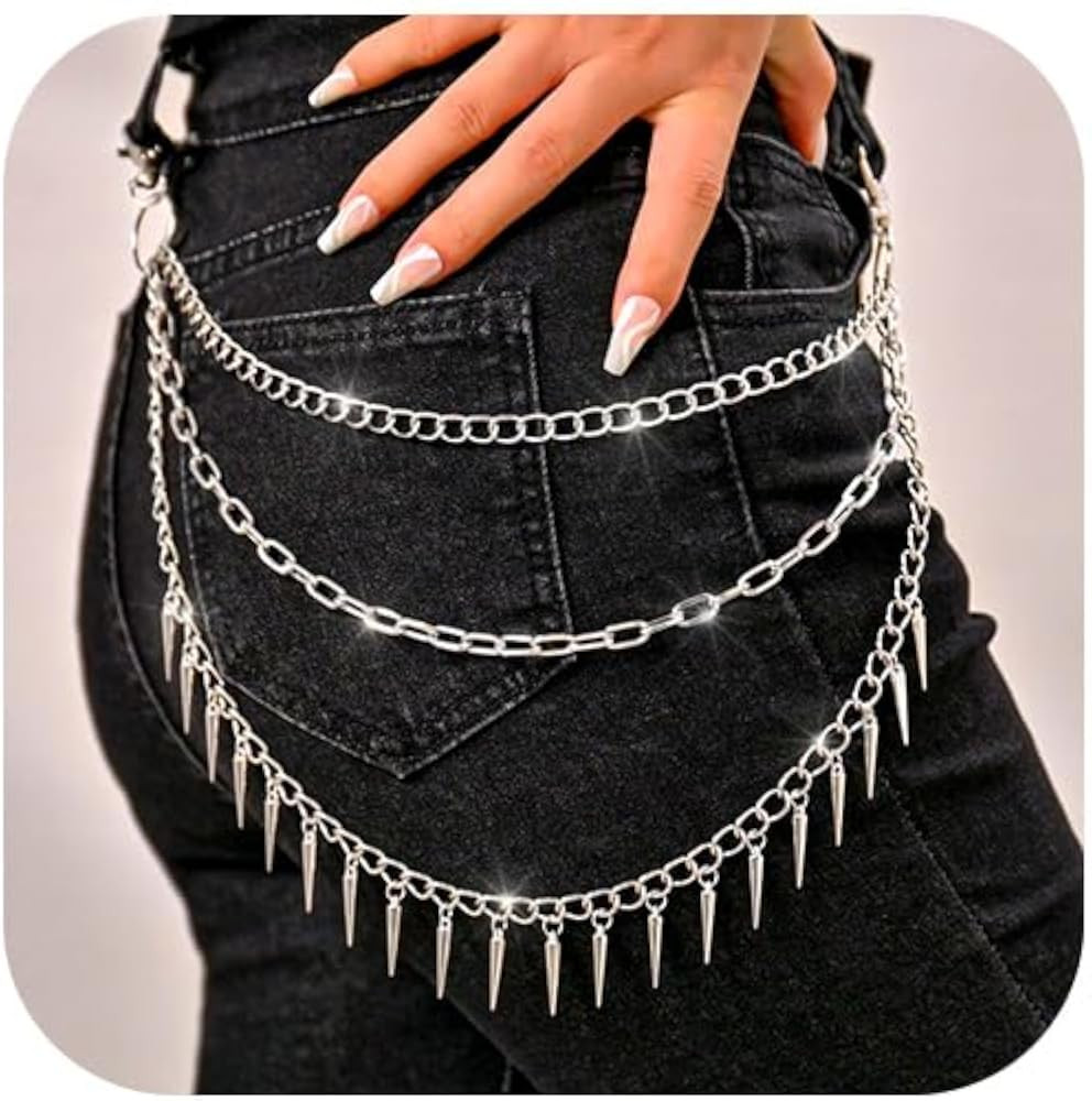 Goth Pants Chain Silver Layered Wallet Chain Punk Rivet Jeans Jewelry for Women and Men | Amazon (US)