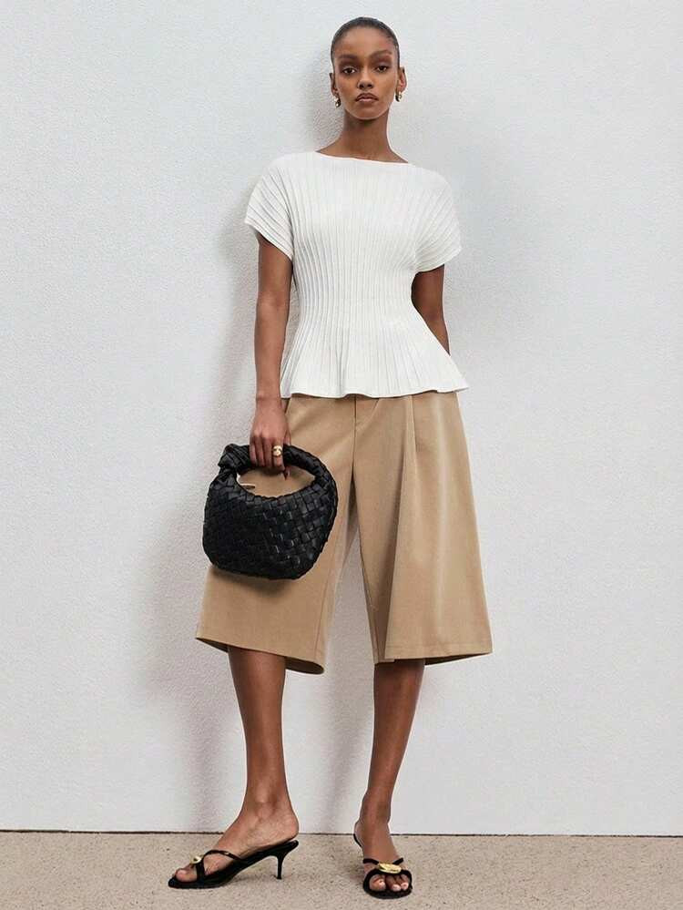 Women's Apricot Batwing Sleeve Knit Top With Pleated Waist - Short Sleeve Minimalist Sweater, Cas... | SHEIN