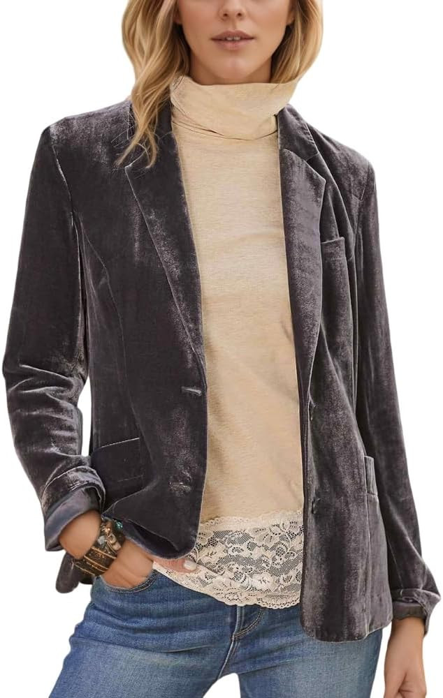 TIAFORD Womens Velvet Blazer Cozy Lightweight Outerwear Retro Button Long Sleeve Jacket Cardigan ... | Amazon (US)