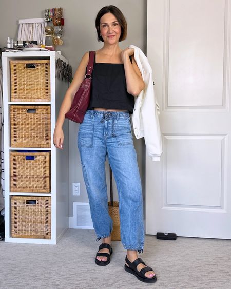 Casual spring outfit with a linen top and denim cargo joggers! Linen top is on sale and has buttons up the back so it can be worn backwards for a different look! I’m wearing my usual small, it’s a boxy fit. 
Joggers fit tts (I’m 5’ 7 wearing 4 reg length), jacket is the same I have in black in M, I got this one in M too and it’s bigger, I will be exchanging for my usual S.
Sandals fit tts and are so comfortable, they are a splurge but so well made (I also linked similar more affordable)


#LTKitbag #LTKstyletip #LTKshoecrush